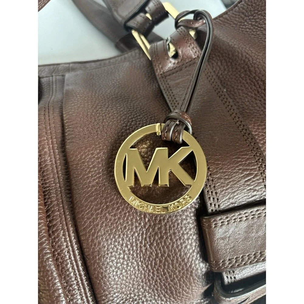 Michael Kors Harness Grab Bag Dark Brown Mocha Pebble Leather Purse Handbag